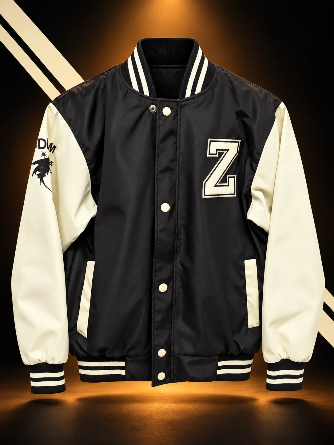 Casaca en negro con mangas en crema, letra Z y botones